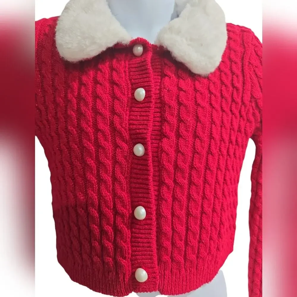 Tahari Red Cable Sweater With Faux Fur Collar